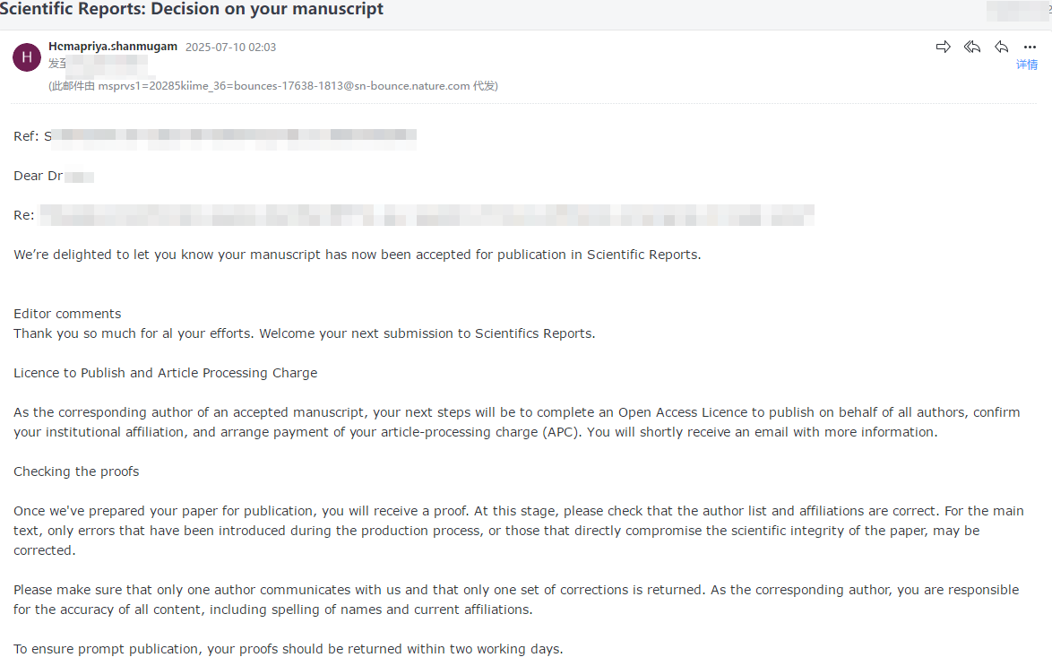 Scientific Reports 录用截图（2025年7月）